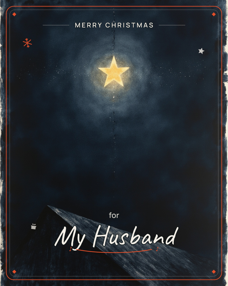 A single golden star glows against a deep indigo night sky, its light spreading in a soft hazy halo above the dark silhouette of a rooftop peak, a christmas e-card design