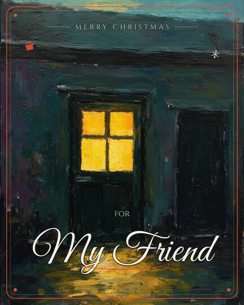 A dark, textured painting of a shadowed doorway at night, its four-paned window glowing amber against deep teal and near-black walls, a christmas e-card design