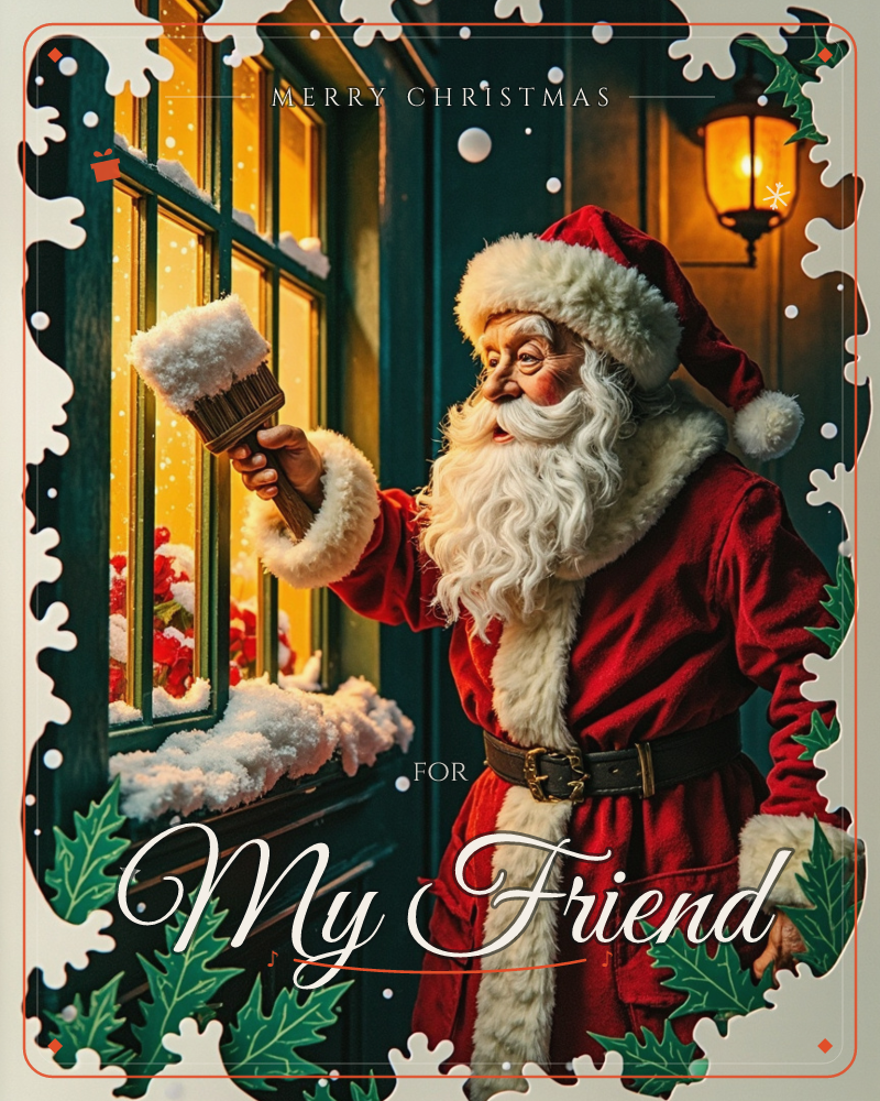Santa stands beside a glowing cottage window, dabbing fresh snow onto the sill with a wide brush as candlelight and holly berries glow behind the glass, a christmas e-card design