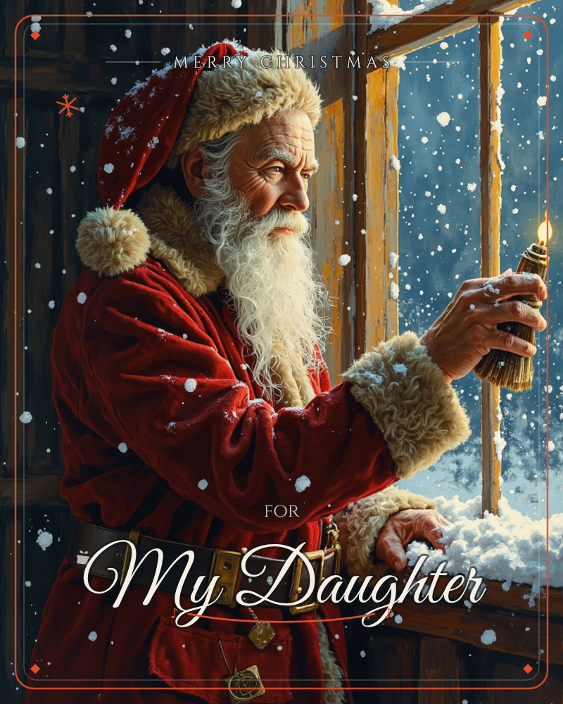 An old man in a red fur-trimmed coat stands beside a wooden window, holding up a small lit candle as snow drifts thickly outside, a christmas e-card design