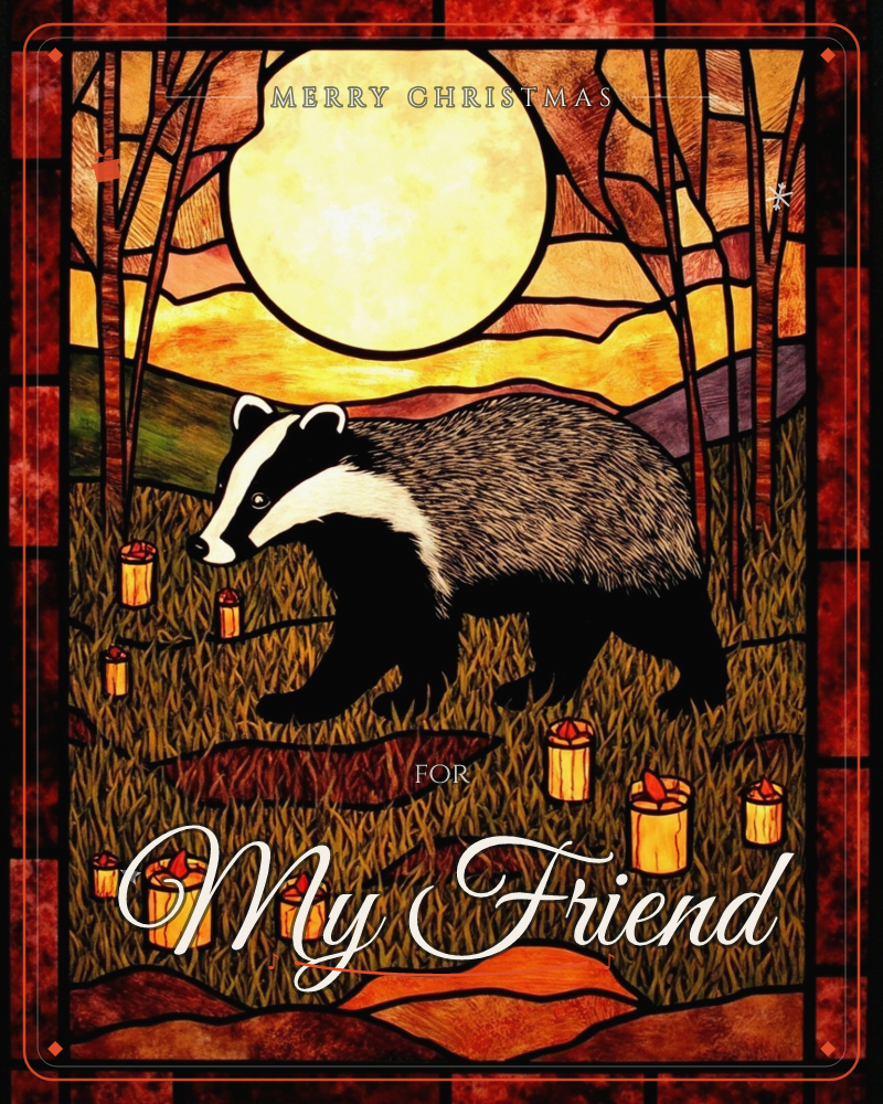 A badger walks through tall autumn grass beneath a huge glowing moon, rendered in the leaded lines and jewel tones of a stained-glass window, a christmas e-card design
