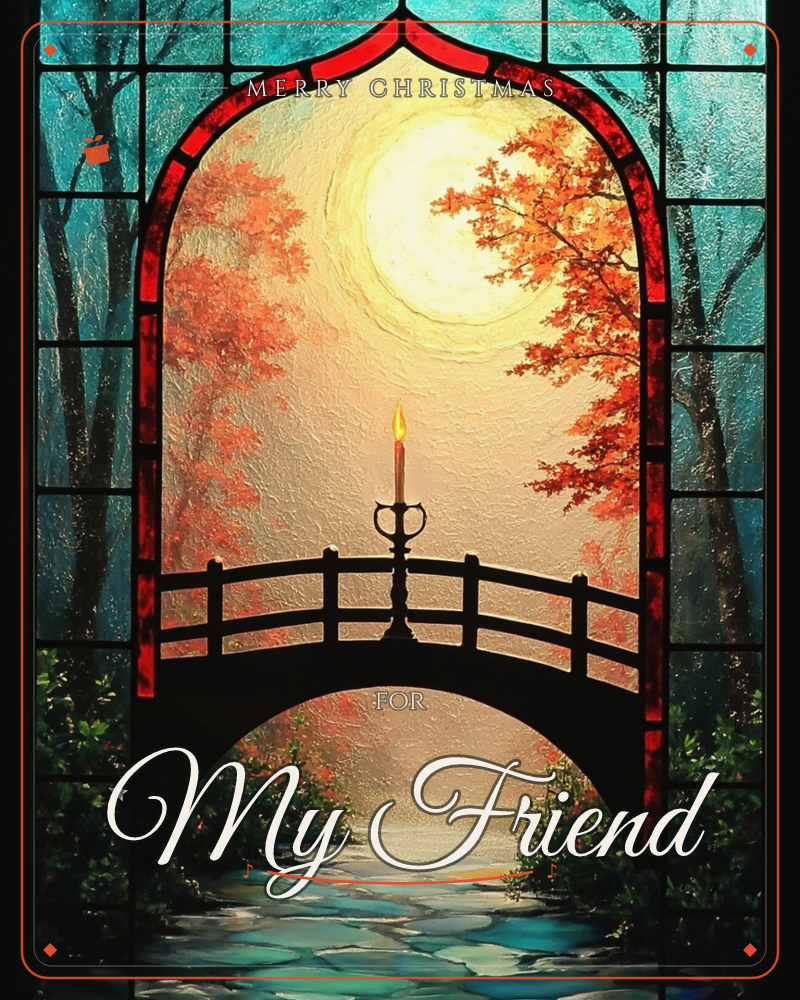 A stained-glass style window frames an arched footbridge over a glowing turquoise stream, with a single lit candle standing at its centre, a christmas e-card design