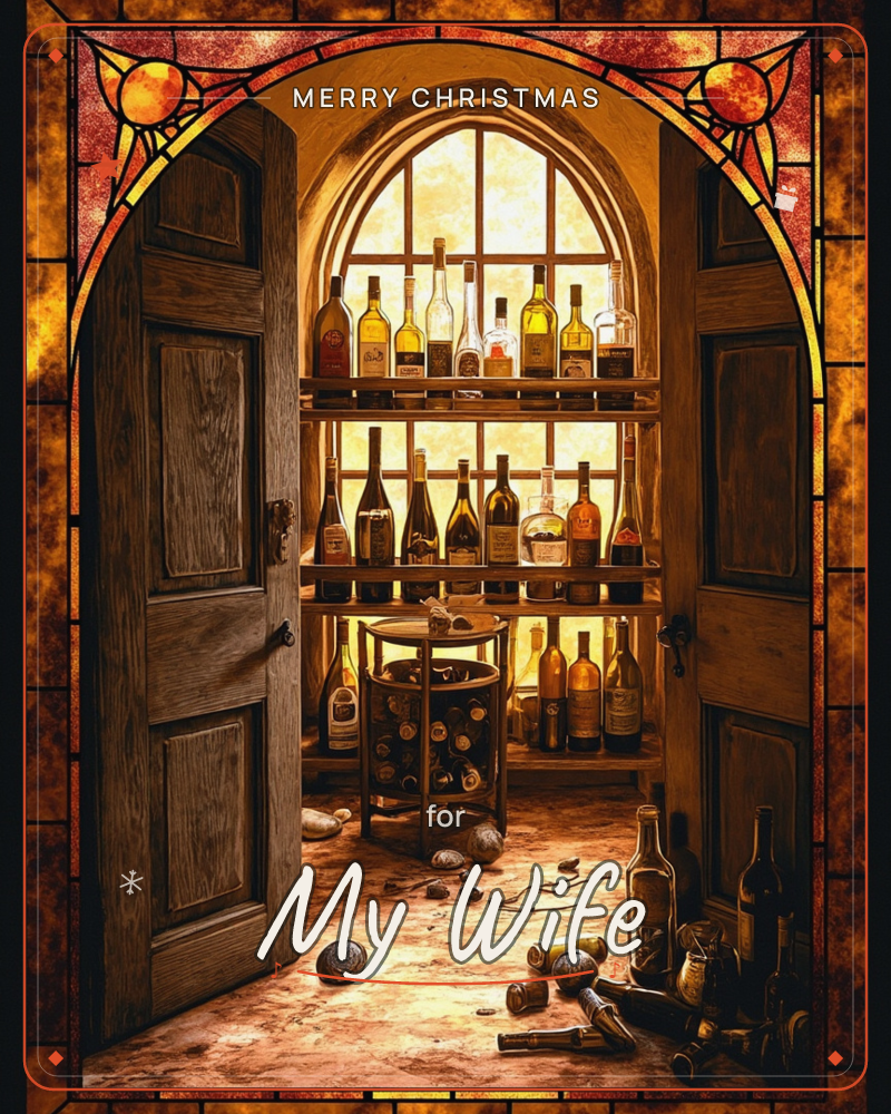 A pair of wooden doors swing open onto a candlelit wine cellar, its shelves lined with bottles glowing amber against a tall arched window, a christmas e-card design