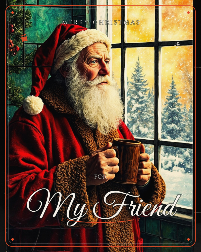 Santa Claus stands beside a leaded windowpane, cradling a wooden mug in both hands as he gazes out at snow falling on a row of pine trees, a christmas e-card design