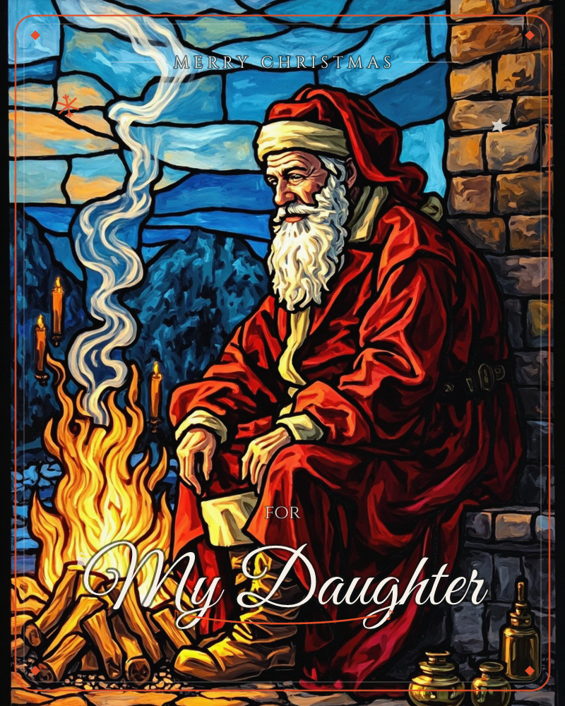 A weathered old man in a heavy red robe and hood sits by a crackling campfire beside a stone wall, its curling smoke rising against a…, a christmas e-card design