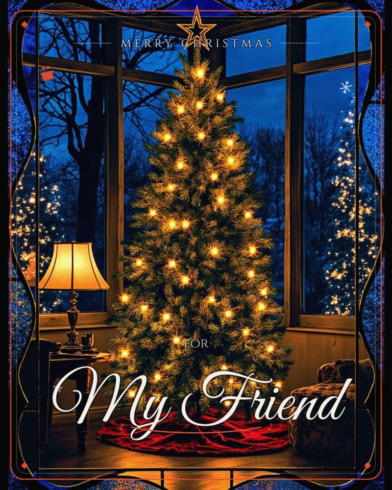 A lit Christmas tree glows warmly in the corner of a room with tall windows, its golden lights and star topper set against a deep blue dusk outside…, a christmas e-card design