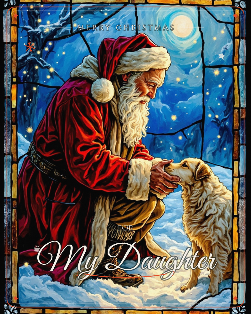 Rendered like a stained-glass window, Santa kneels in deep snow to gently cup the face of a shaggy golden dog beneath a full moon and starlit blue sky, a christmas e-card design