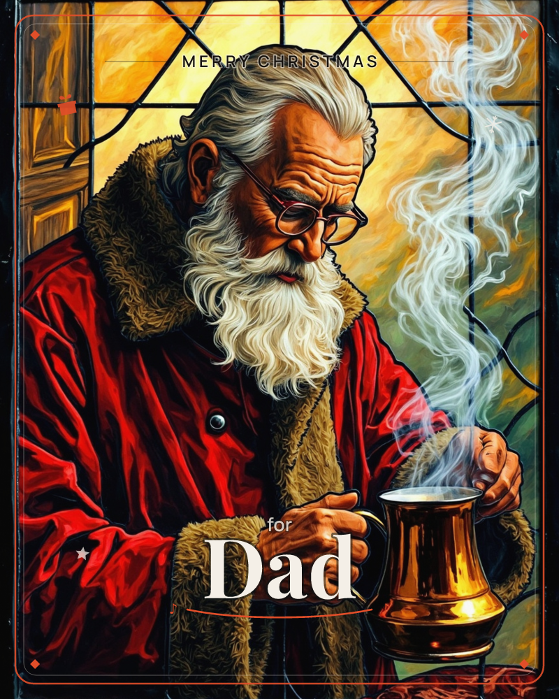 An elderly man with a long white beard and round glasses stands before a glowing leaded window, wrapped in a fur-trimmed red coat, cradling a copper…, a christmas e-card design