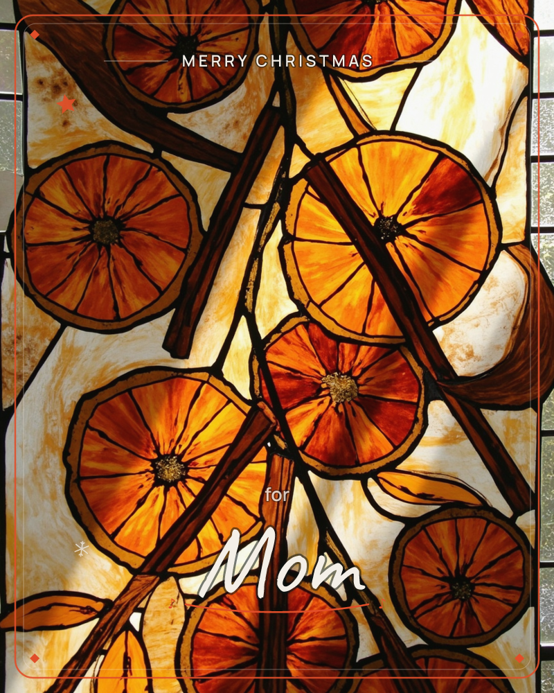 A stained-glass panel glows with rows of sliced oranges, their segmented centres rendered in fiery amber and deep red glass, crossed by dark leaded…, a christmas e-card design
