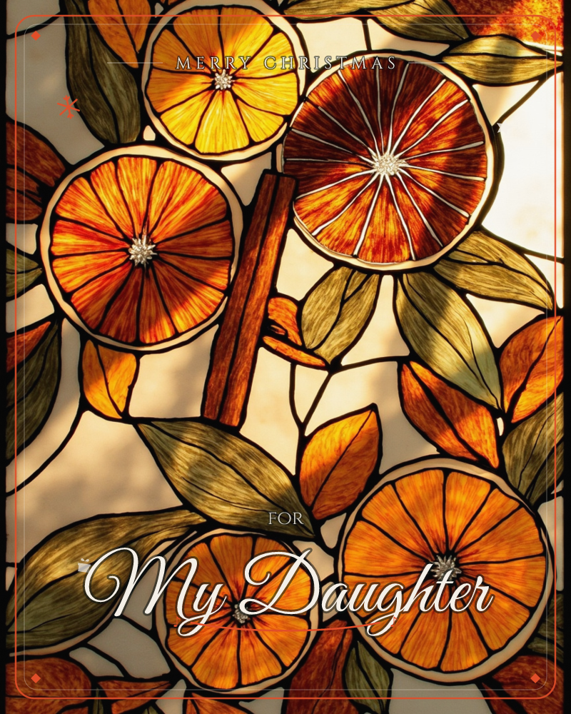 A stained-glass style panel glows with backlit citrus slices in amber, orange and deep garnet, their pith and segments traced in bold black leadwork, a christmas e-card design