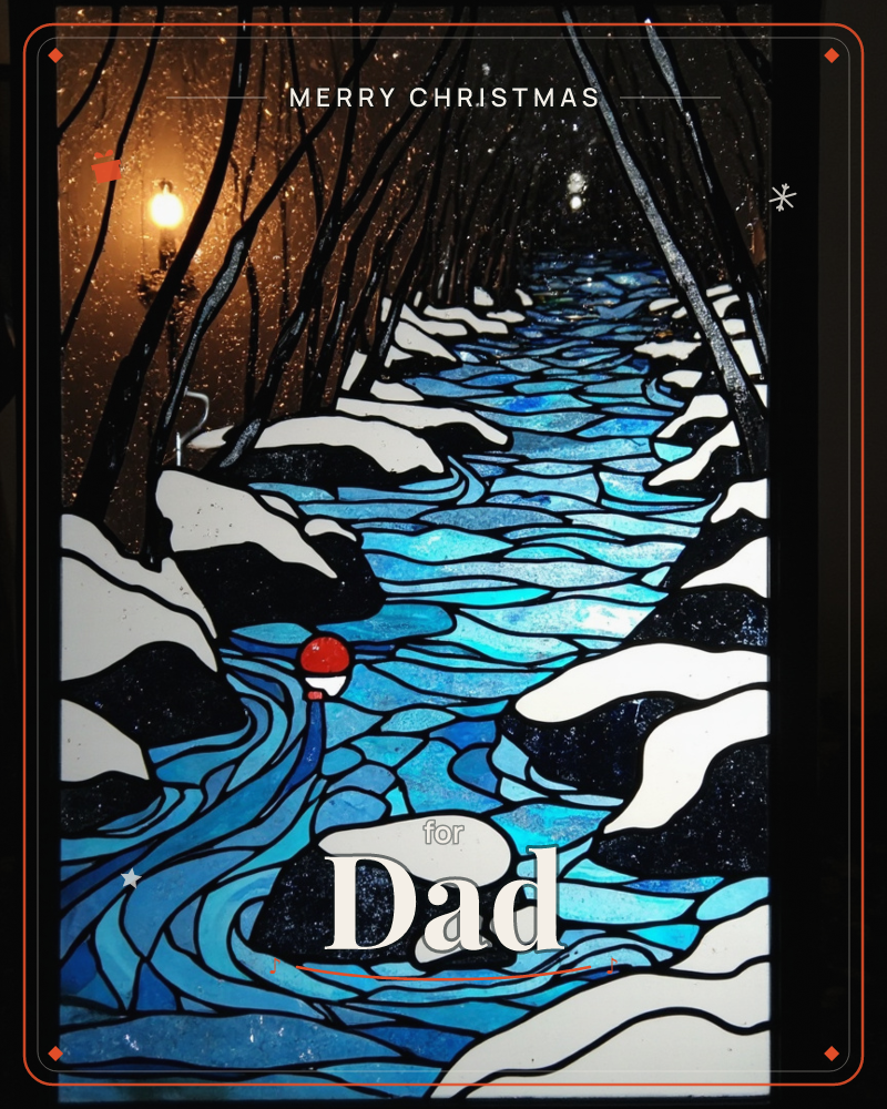 A stained-glass style panel shows a snow-lined path winding beneath a tunnel of bare black branches, glowing amber lamplight spilling in from the left, a christmas e-card design