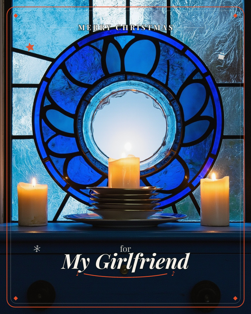 A round stained-glass window with a deep blue petal pattern glows against textured frosted panes, its clear centre catching the light like a small moon, a christmas e-card design