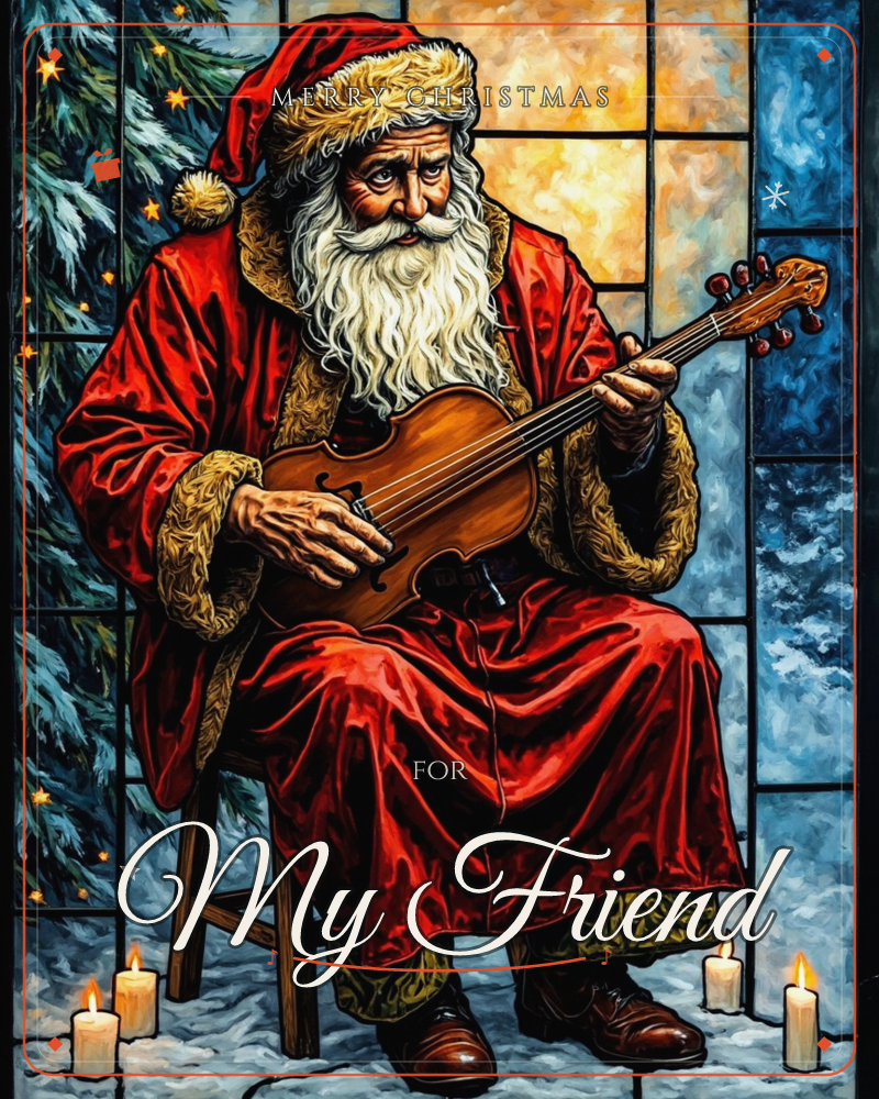 Santa Claus sits on a wooden stool by a frosted window, cradling a violin against his fur-trimmed red robes, a christmas e-card design