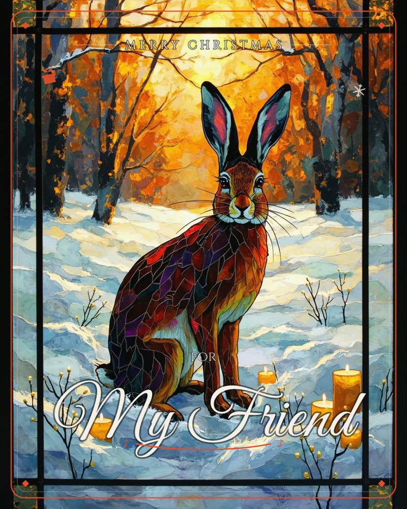 A stained-glass style hare sits upright in a snowy woodland clearing, its fur rendered in jewel-toned mosaic fragments of amber, plum, and teal, a christmas e-card design