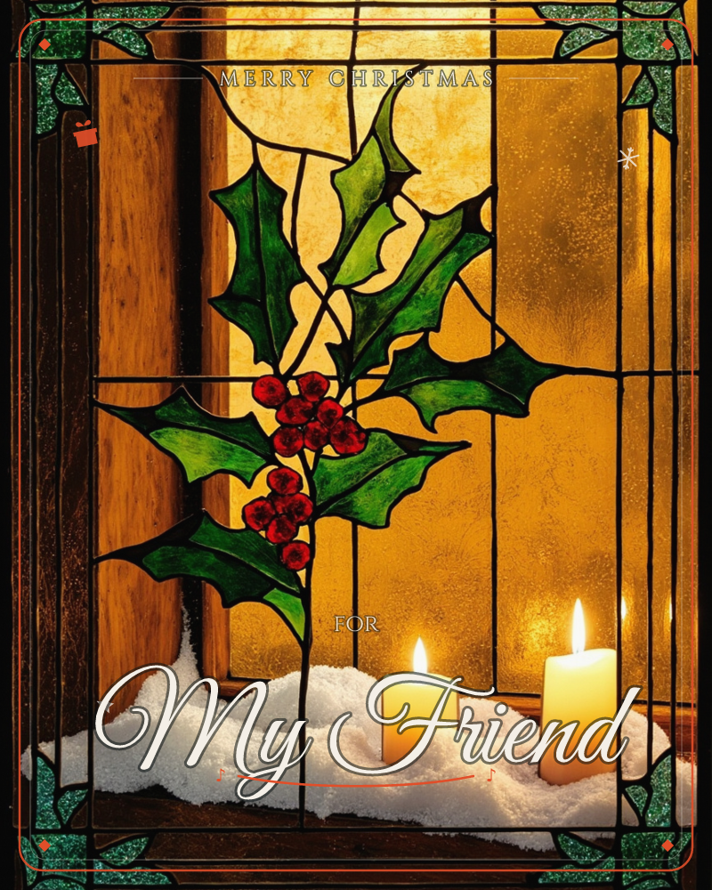 A stained-glass window panel glows amber behind a leaded holly branch with green leaves and clusters of red berries, a christmas e-card design