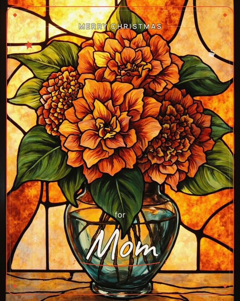 A stained-glass style illustration shows a round glass vase filled with water, holding a bouquet of ruffled orange and gold zinnias with broad green…, a christmas e-card design