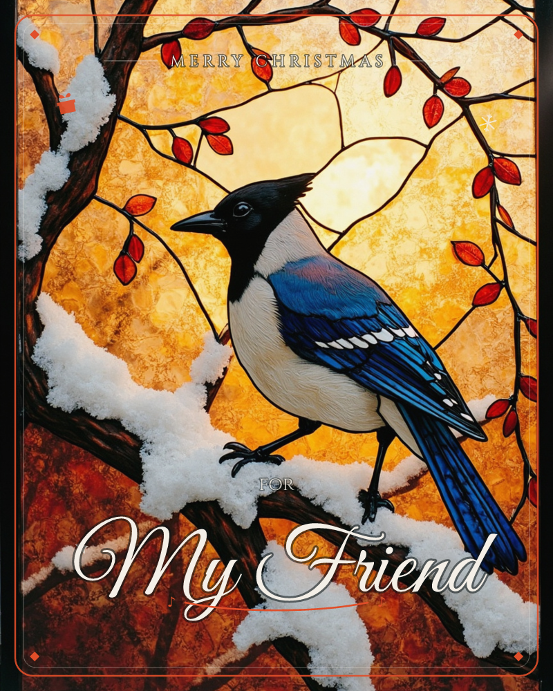 A stained-glass style panel shows a blue jay with a black-capped head perched on a snow-laden branch, its body rendered in bold panes of navy, white…, a christmas e-card design