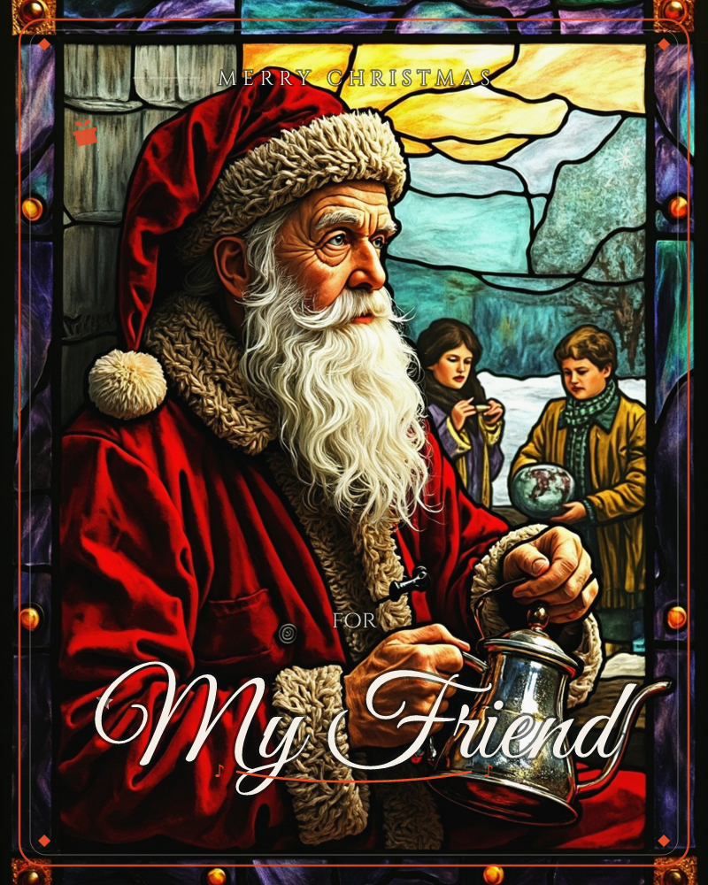 A stained-glass style illustration shows Santa in profile, his red velvet coat and fur trim glowing against a leaded-glass window of purple and teal panes, a christmas e-card design