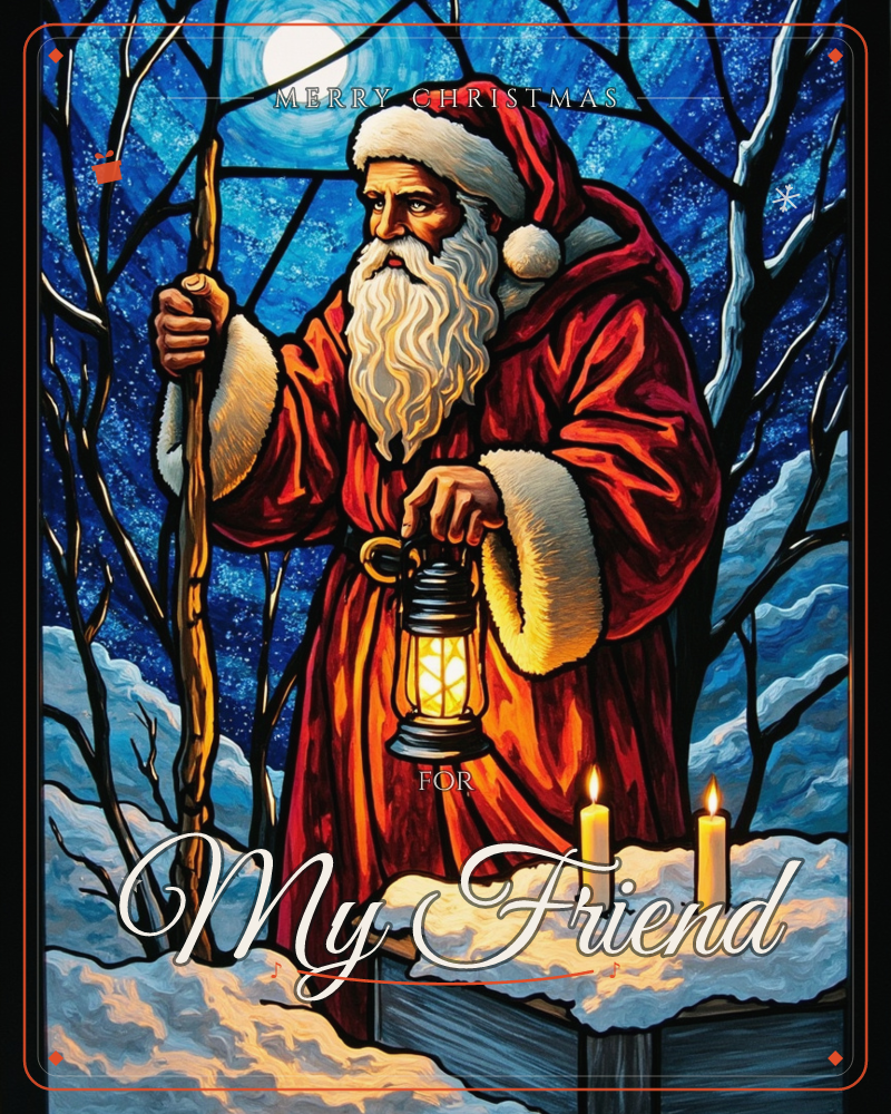 A stained-glass style Santa in a fur-trimmed red robe stands among bare snowy branches under a full moon, gripping a wooden staff and holding a glowing…, a christmas e-card design