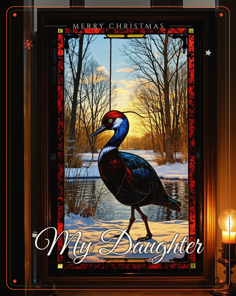 A stained-glass panel set in a dark wooden frame shows a red-crowned crane walking across snow beside a still pond, bare winter trees silhouetted…, a christmas e-card design