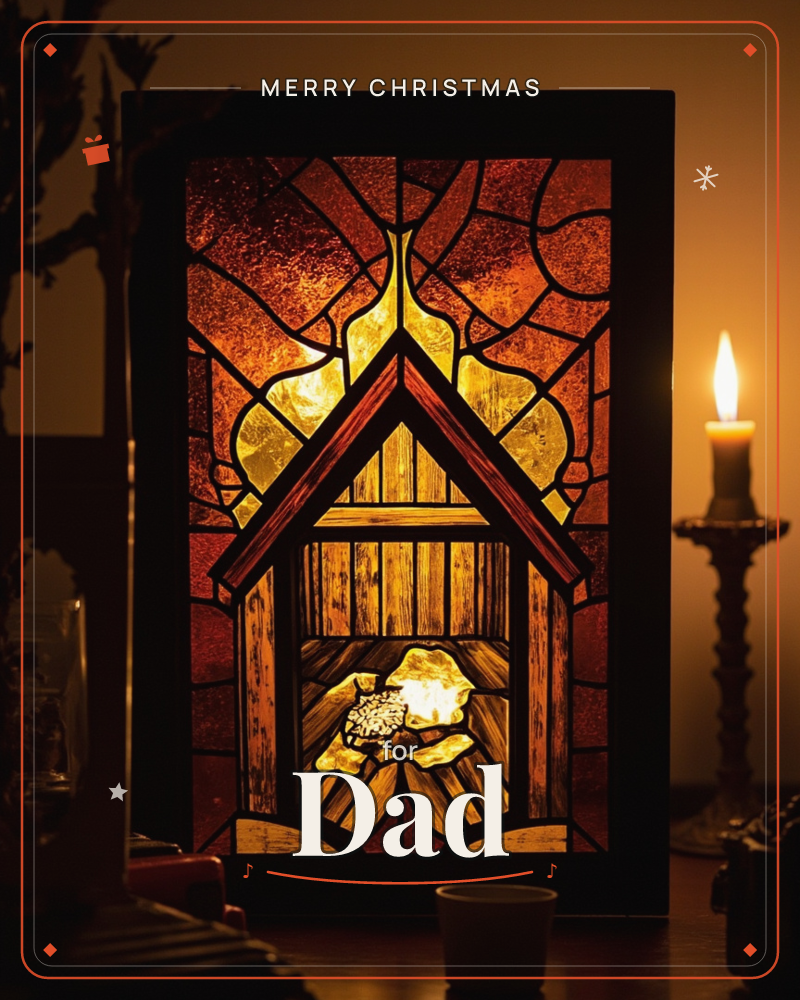 A stained-glass panel glows from within, depicting a small wooden stable roof over a manger lit by golden straw light, framed by radiating amber and…, a christmas e-card design