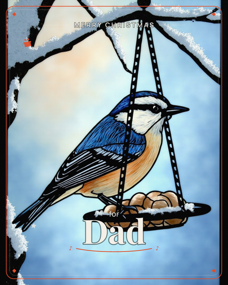 A stained-glass style illustration shows a nuthatch perched on a hanging bird feeder filled with seed, its bold black lead lines outlining blue-grey…, a christmas e-card design