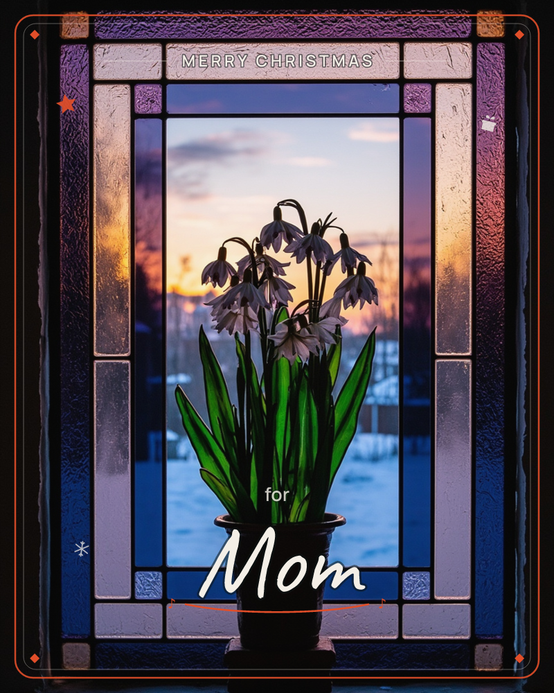 A potted cluster of drooping white snowdrop-like blooms sits in a stained-glass window frame, backlit by a soft sunset glowing through panes of amber…, a christmas e-card design