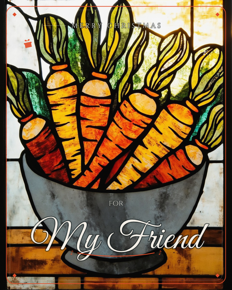 A stained-glass style illustration shows a grey ceramic bowl piled high with freshly pulled carrots, their leafy green tops fanning out against a…, a christmas e-card design