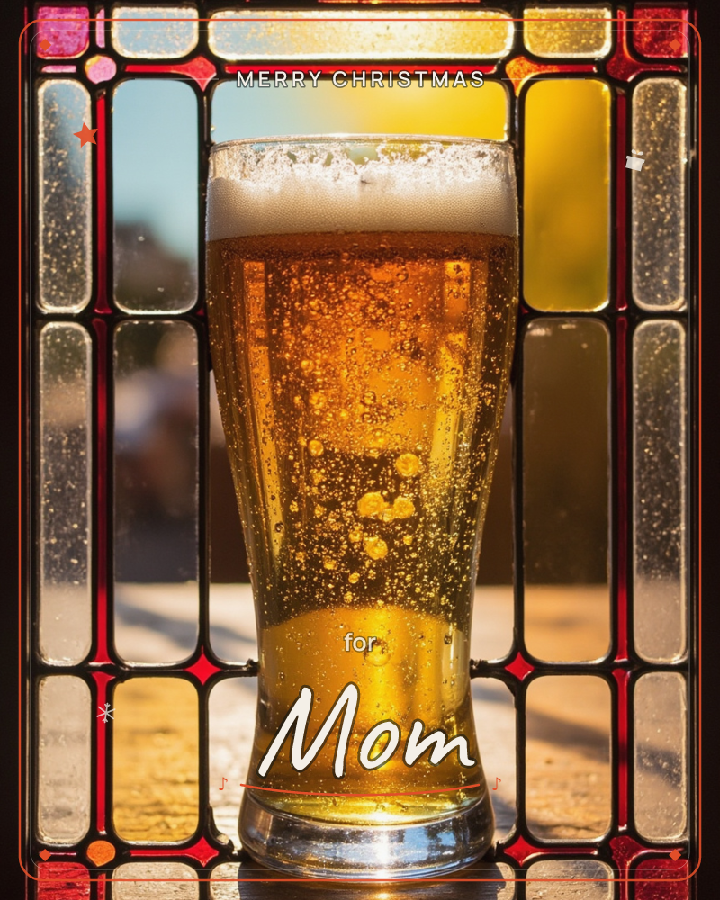 A pint glass of golden beer sits backlit against a stained-glass pub window, its condensation-beaded sides glowing amber in the low sun, a christmas e-card design