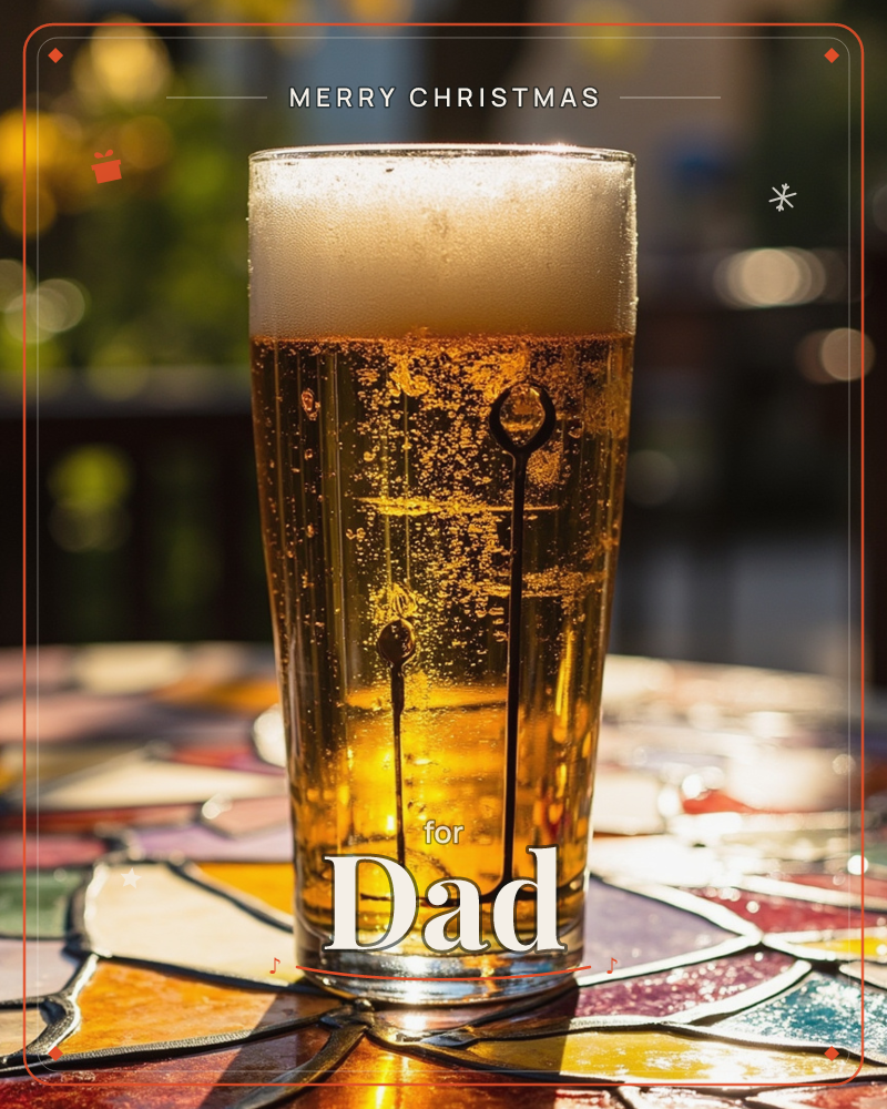 A tall glass of golden beer with a frothy white head sits on a stained-glass style mosaic table, backlit by warm sunlight that turns the bubbles into…, a christmas e-card design