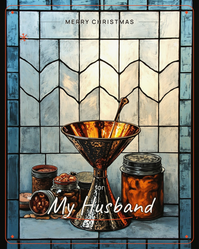 A gleaming copper hourglass-shaped vessel with a spoon stands centre stage against a tiled backdrop of pale blue and cream chevron patterns edged in black, a christmas e-card design
