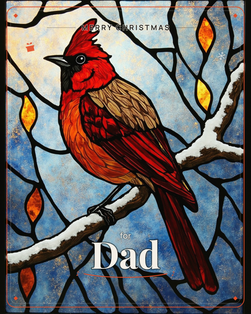 A red cardinal perches on a snow-dusted branch, rendered like a stained-glass window with thick black leading dividing the bare, branching tree and…, a christmas e-card design