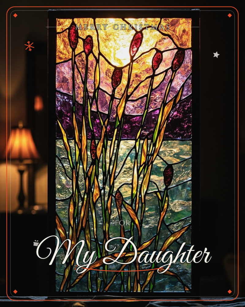 A tall stained-glass panel glows from behind, showing cattails and reeds rising against a sunset sky of amber and violet above a rippled teal water below, a christmas e-card design