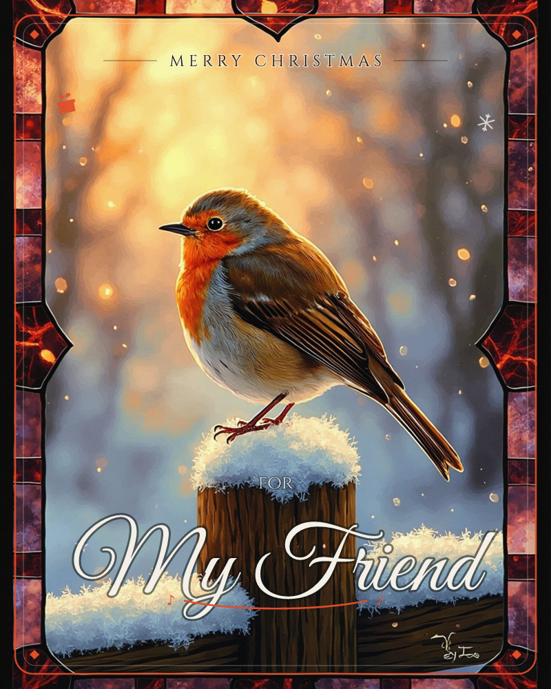 A robin with a bright orange breast perches on a snow-capped wooden fence post, glowing against a soft, sunlit winter woodland blurred with falling snow, a christmas e-card design