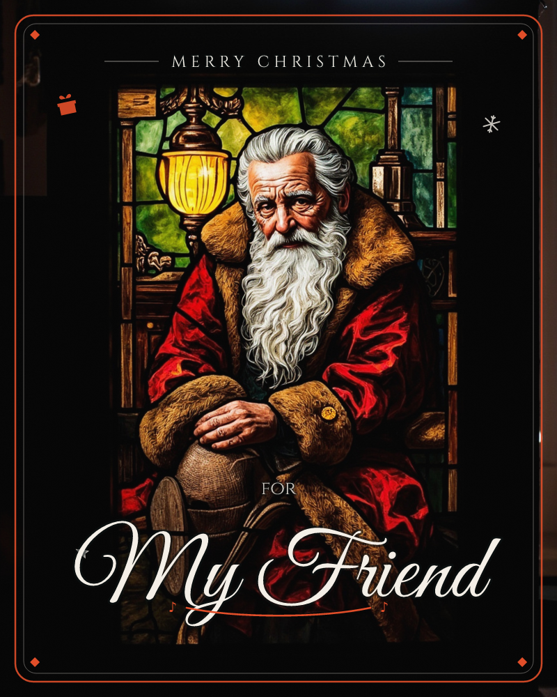 A stained-glass style panel shows an elderly bearded man in a fur-trimmed red robe seated with a small sack resting between his hands, a warm lamp…, a christmas e-card design