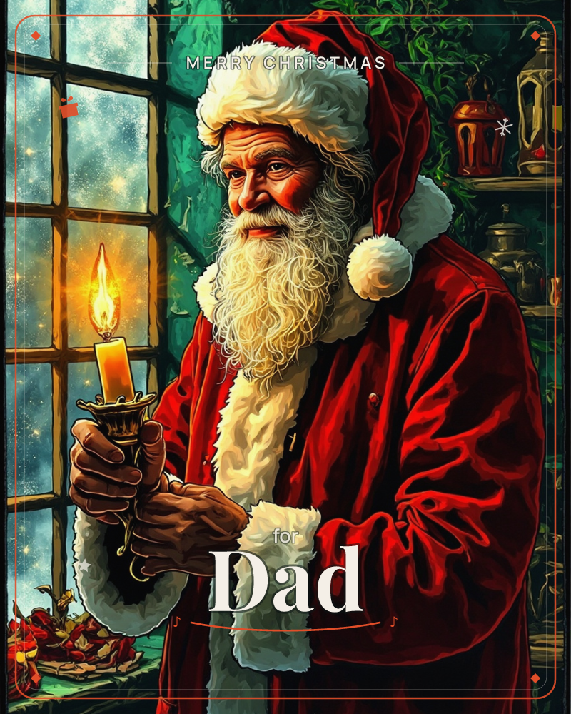 Santa Claus stands beside a frosted window, holding a lit candle in a brass holder as its flame glows against the snowy glass, a christmas e-card design