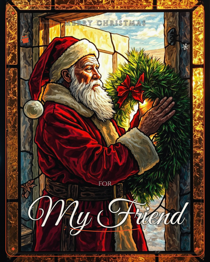 A stained-glass style panel frames Santa Claus in his red coat and fur-trimmed hat, hanging a green wreath tied with a red bow beside an open stone…, a christmas e-card design