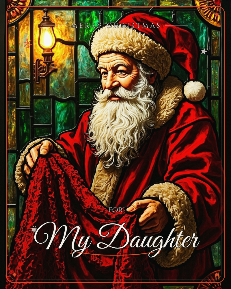A stained-glass style panel shows Santa Claus in close-up, his fur-trimmed red coat glowing against panes of green and gold glass, a christmas e-card design
