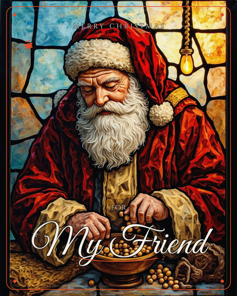 A stained-glass style illustration shows Santa Claus bent over a wooden bowl, carefully sorting small golden beads or nuts with his weathered hands, a christmas e-card design