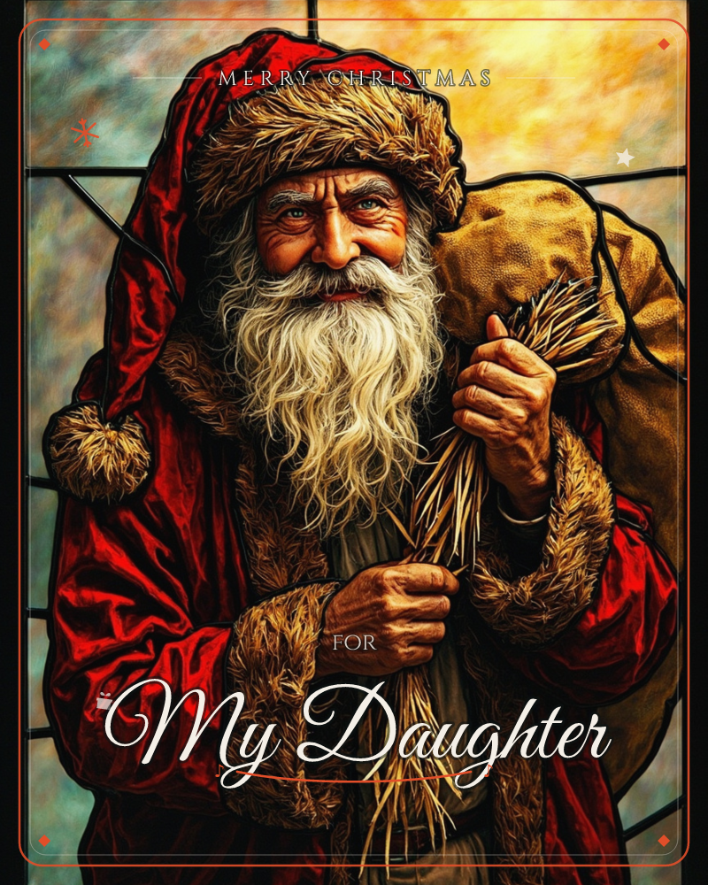A stained-glass style portrait of Santa Claus, rendered with deep leaded lines and glowing panels of amber and gold light behind him, a christmas e-card design