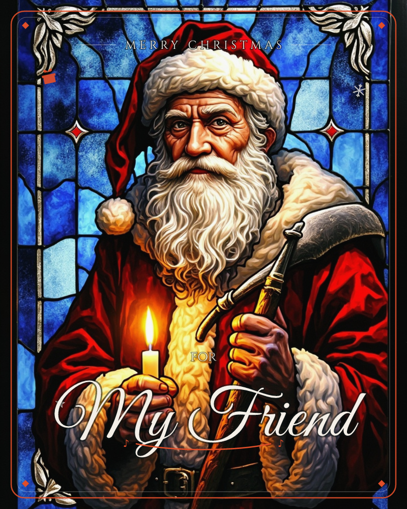 A weathered, long-bearded Santa stands framed like a stained-glass window, panes of deep blue glass glowing behind him with small red diamond accents, a christmas e-card design