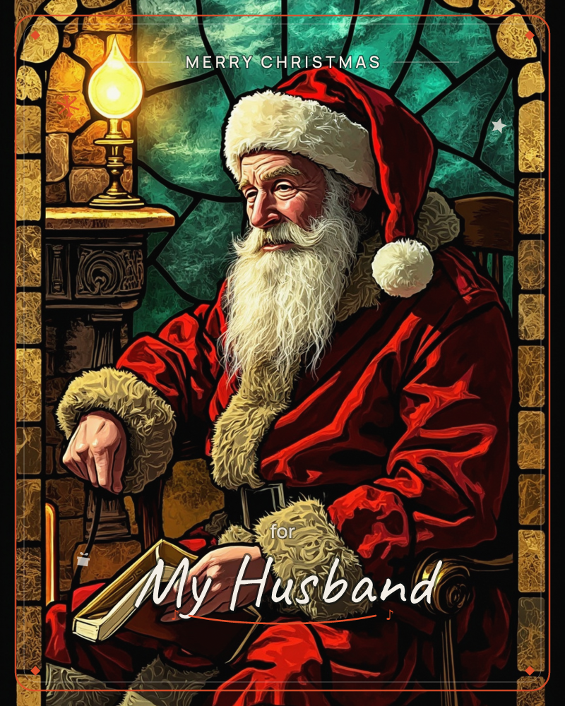 Santa Claus sits in a carved wooden chair beside a lit oil lamp, holding a worn leather book on his lap, framed by a stained-glass window of emerald…, a christmas e-card design