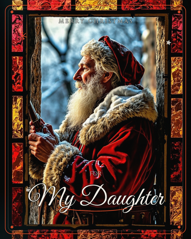 A framed photographic portrait shows a man dressed as Santa Claus in a fur-trimmed red velvet coat and cap, standing in profile before a window with…, a christmas e-card design