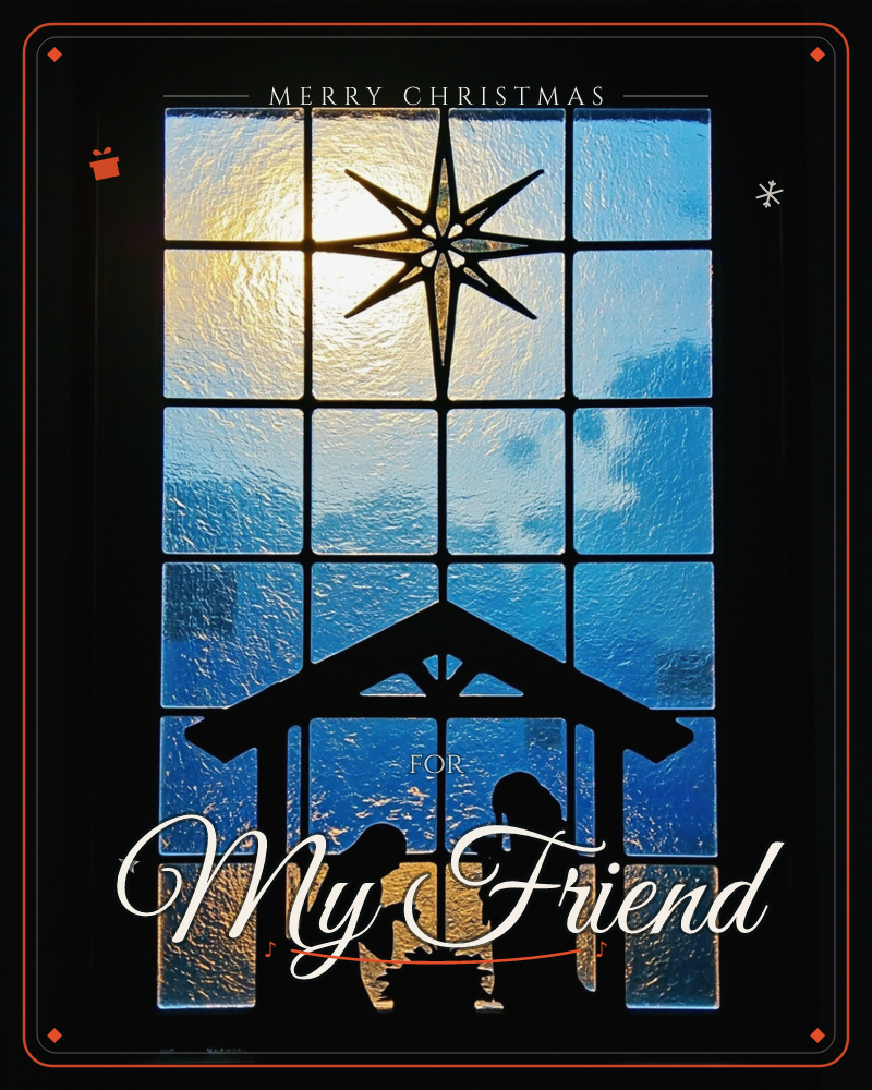 A stained-glass window glows with textured panes of blue and gold, a star blazing at the top and a stable silhouette below, a christmas e-card design