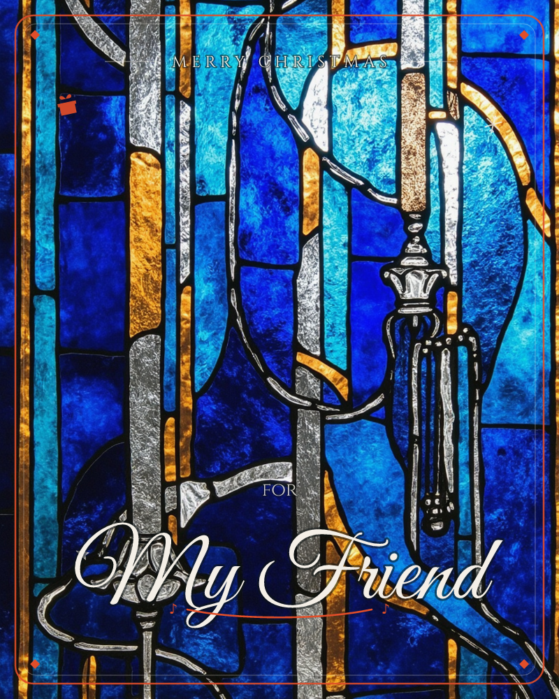 A stained-glass window glows in deep cobalt and sapphire, its leaded panels tracing looping silver ribbons and slender candlestick shapes against amber…, a christmas e-card design