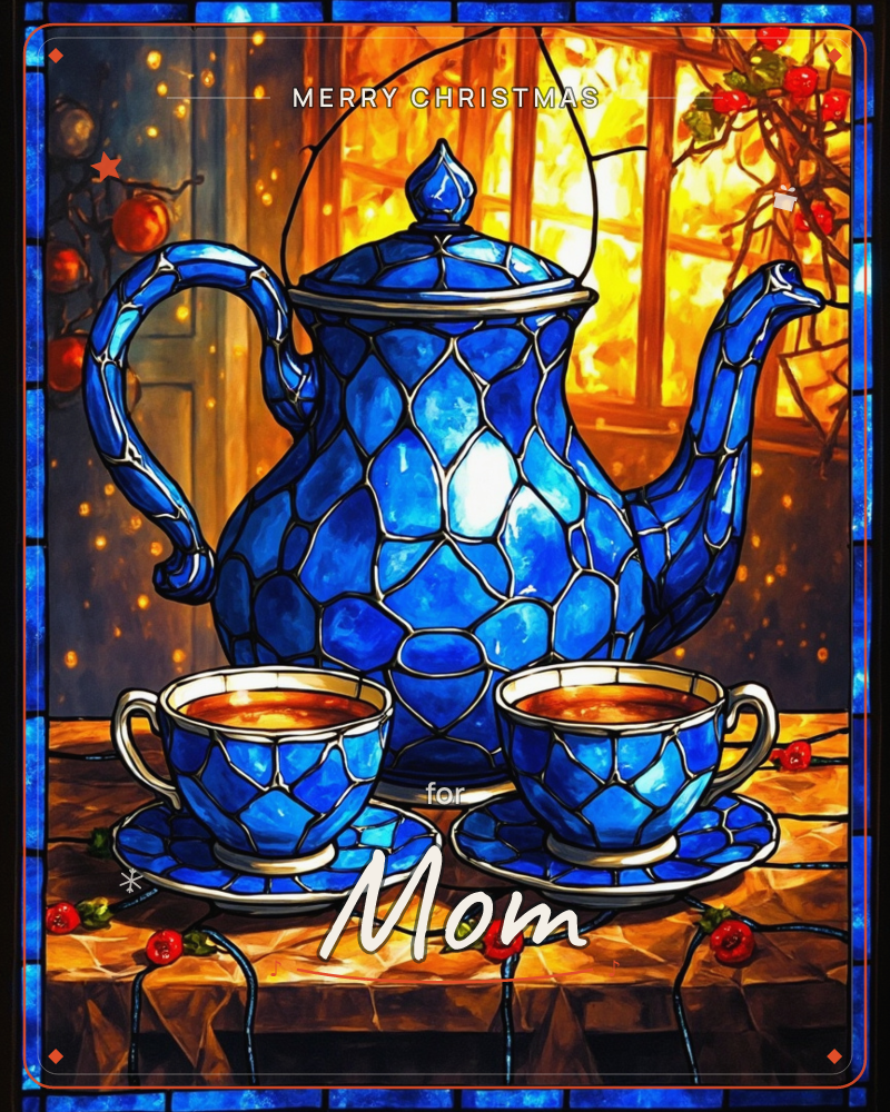 A cobalt-blue teapot with two full teacups sits on a sunlit windowsill, rendered like stained glass with thick black leading and glowing amber light…, a christmas e-card design