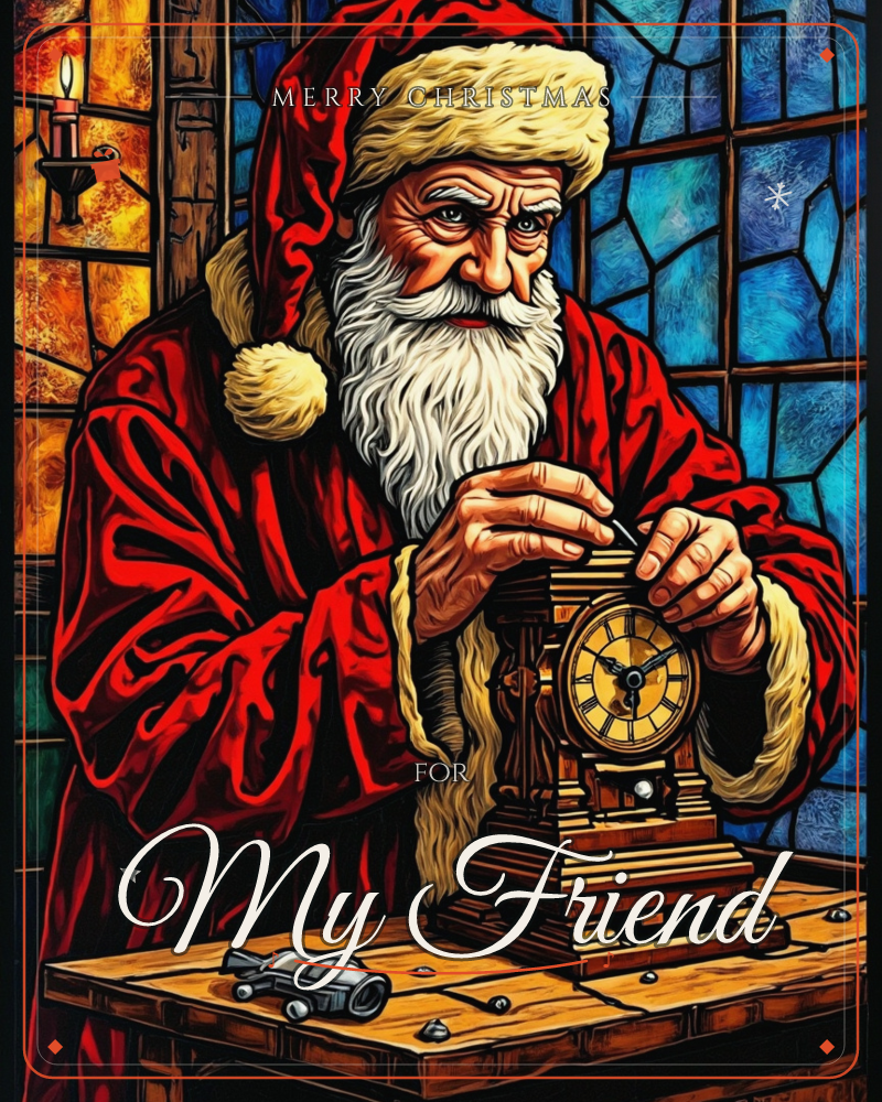 Santa Claus leans over a workbench, carefully winding an ornate wooden mantel clock with a small tool, a tiny toy engine sitting beside him, a christmas e-card design