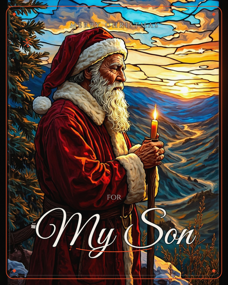 A stained-glass-style illustration shows Santa Claus in profile, standing on a mountainside at sunset with a lit candle in his hand, a christmas e-card design