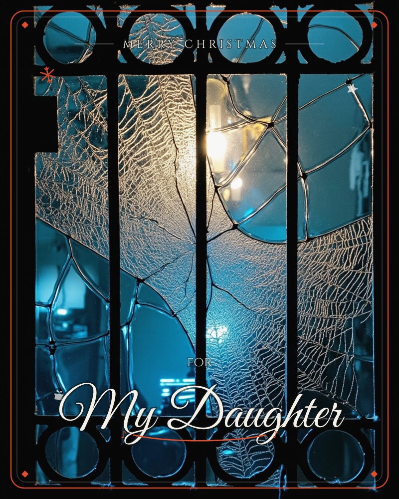 A frosted spiderweb stretches across an old iron window grille, its threads glowing white against panes of deep blue glass, a christmas e-card design
