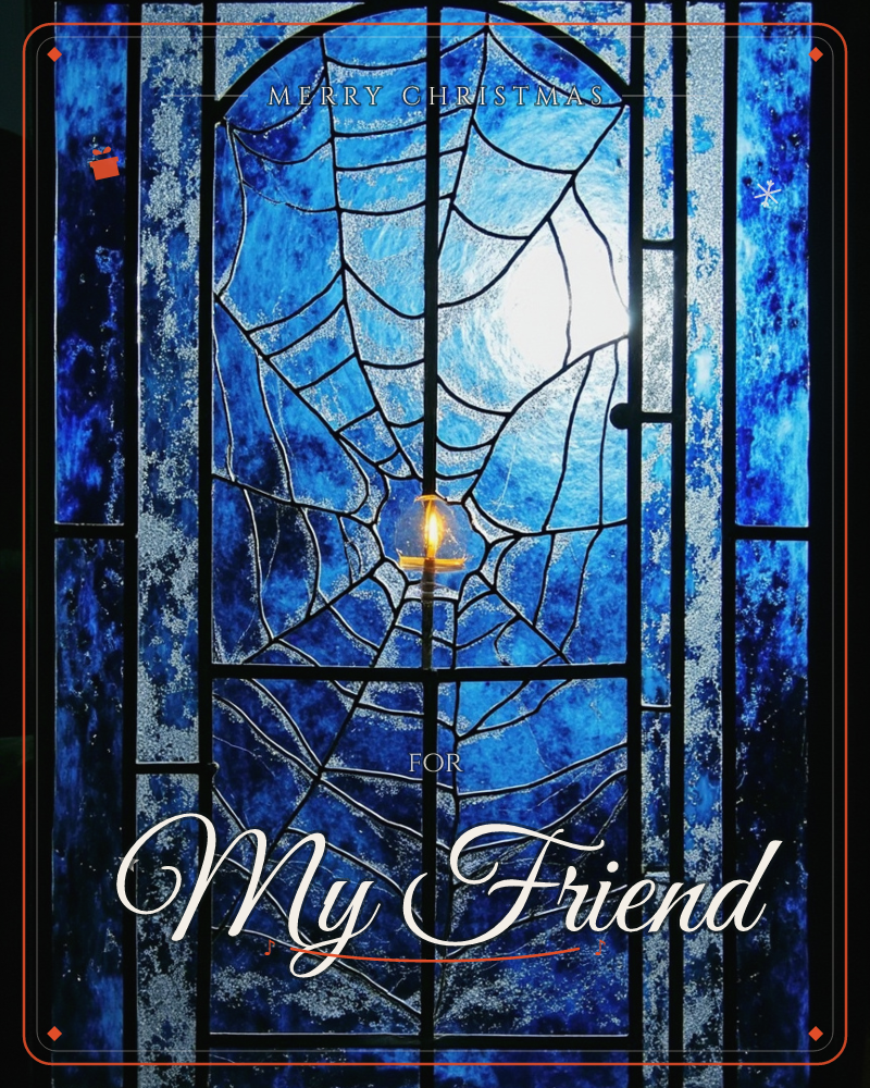A stained-glass window panel glows deep blue, its leaded lines forming a spider's web that stretches across the arched pane, a christmas e-card design